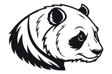 Isolated Panda Head in Profile View, Black and White Illustration, Isolated on White