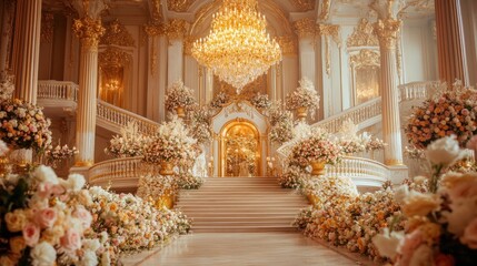 Grand staircase decorated with opulent floral arrangements in a palace.