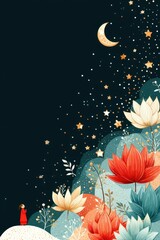Vibrant Cartoon Illustration of a Person gazing at Stars and Flowers During Asalha Puja Dharma Celebration