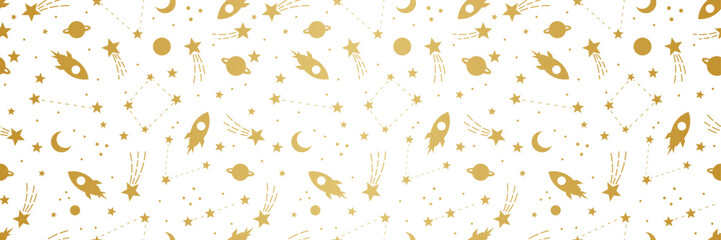Gold gradient and white rocket banner, seamless vector pattern galaxy background, retro illustration wallpaper print