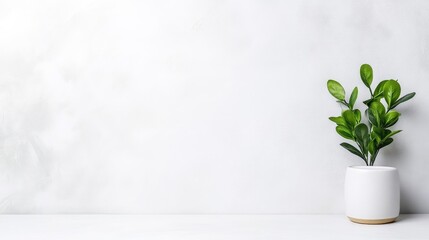A potted green plant sitting on a white shelf against a minimalist light grey wall, and showcasing simplicity and modern interior design.