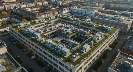 Fototapeta premium Aerial cityscape of suburban residential blocks with uniform design and green spaces.