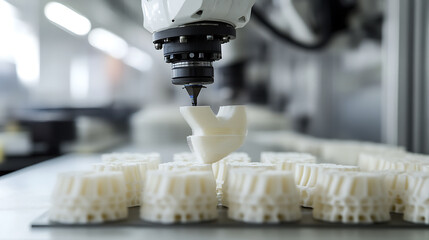 A robotic arm in a high tech AI controlled factory, assembling 3D-printed aerospace components for spacecraft, Aerospace-tech style