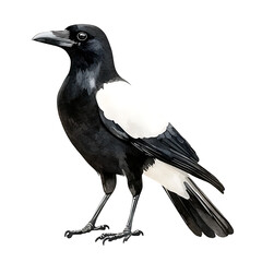 Fototapeta premium Watercolor painting of a magpie with black feathers white patches and a long beak standing on a white background.