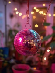 Obraz premium Shimmering disco ball reflecting vibrant pink and blue lights creating a festive atmosphere with plants and bokeh lights in the background for a party vibe