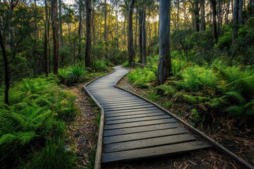 Obraz premium Explore the winding wooden boardwalk through the lush forests of Tasmania at sunset, Explore wildlife and beautiful nature of Tasmania Forest walk path outdoor view