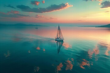 Obraz premium Sunset Serenity: Aerial View of Waterfront with Soft Pastel Hues and Lone Sailboat