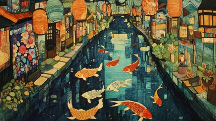 Obraz premium Illustration of koi fish swimming in a canal with buildings and lanterns.