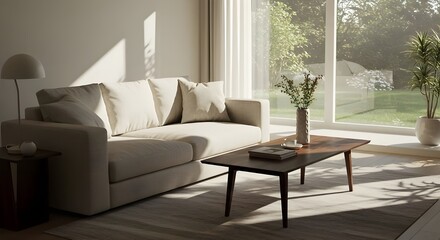 Modern Living Room with Minimalist Sofa and Garden View, Warm and cozy interiors