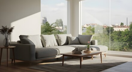 Modern Living Room with Minimalist Sofa and Garden View, Warm and cozy interiors