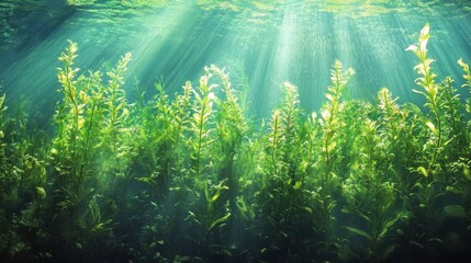 Obraz premium Underwater sunbeams illuminate lush aquatic plants.