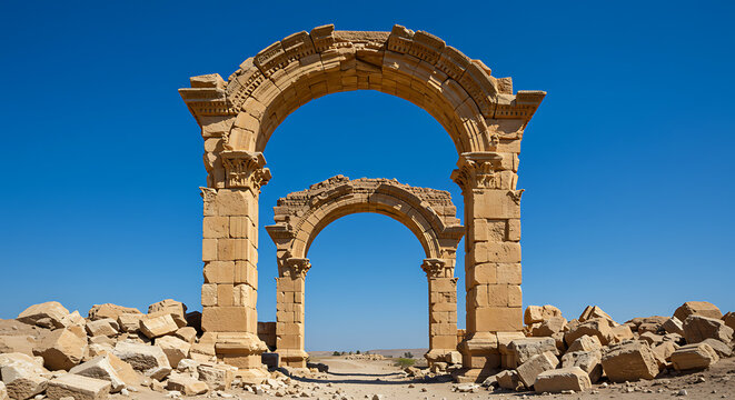 Ancient stone arches in desert landscape under clear blue sky  