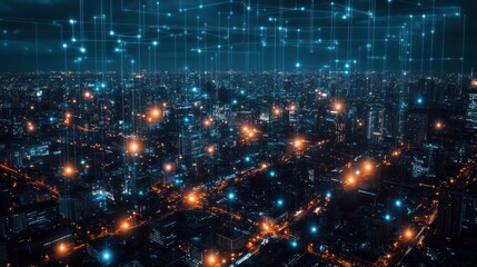 Obraz premium Futuristic city at night with digital network connections.