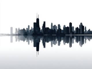 Fototapeta premium Chicago skyline silhouette mirrored in calm water creating a serene urban landscape reflecting architectural grandeur and modern city life in monochrome tones