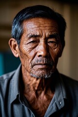 arafed man with a mustache and a gray shirt looks at the camera