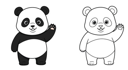Fototapeta premium Cute Panda Icon Illustration: Adorable panda, a symbol of joy and peace, greets with a cheerful wave, showcasing its iconic black and white features.