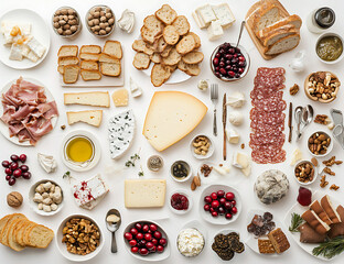 An overhead shot of a curated selection of cheeses meats nuts bread and fruits artfully arranged on a white surface.