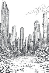 Black and white line art of a postapocalyptic cityscape with ruined skyscrapers and rubble covering the ground