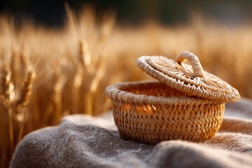 Woven Basket in Field with Golden Wheat and Blanket
