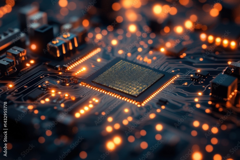 Poster closeup of a circuit board highlighting a processor chip surrounded by glowing connections and compo