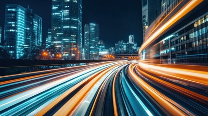 Night cityscape with light trails on highway.