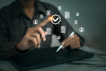 A user tapping a checkmark on a floating digital approval interface, surrounded by profile and...
