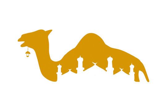 Camel Silhouette with Mosque Elements on Transparent Background suitable for Islamic events and Eid Al Adha