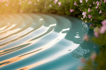 Naklejka premium A blue wave in a pool with pink flowers in the background