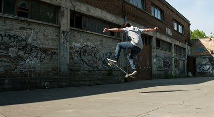 Skater mid-air performing trick on urban street with graffiti wall in background.