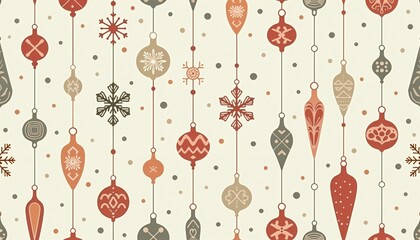 Mid-century modern Christmas ornaments and snowflakes repeating pattern stylized in muted jewel tones representing retro festive cheer on a creamy off-white background