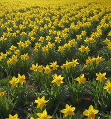 Obraz premium Bright yellow daffodils carpet a verdant field, bathed in sunlight , yellow daffodils, yellow