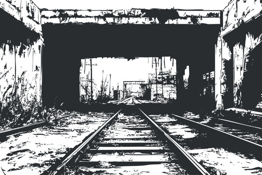 Black and white illustration of railroad tracks passing under an urban industrial bridge with a grunge texture