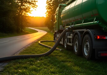 Green tanker truck emptying waste water sunset rural road