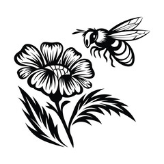 Black & White Flower with Honeybee Silhouette on Isolated Background