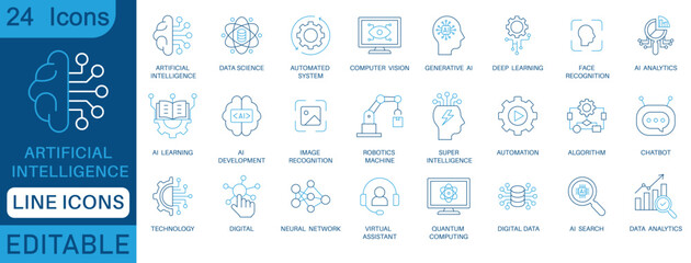 Artificial intelligence line icon set. Features editable icons for machine learning, data science, AI, virtual assistant, generative AI, technology, Turing test and more. Solid vector icons collection