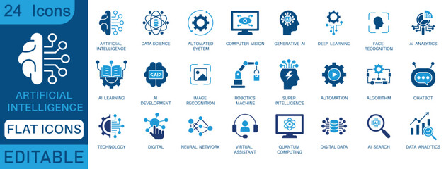 Artificial intelligence icon set. Features editable icons for machine learning, data science, AI, virtual assistant, generative AI, technology, Turing test and more. perfect for flat icon collection