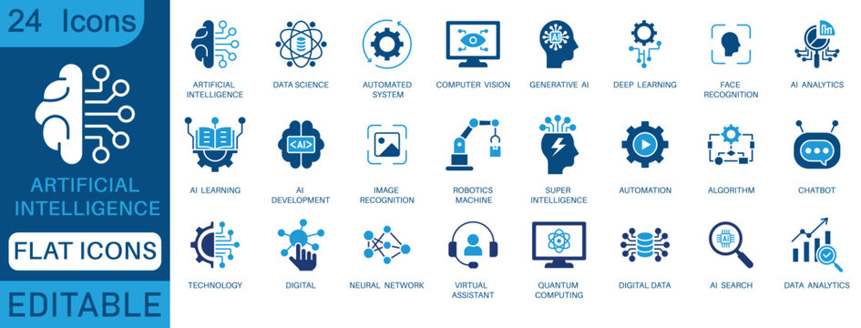 Artificial intelligence icon set. Features editable icons for machine learning, data science, AI, virtual assistant, generative AI, technology, Turing test and more. perfect for flat icon collection