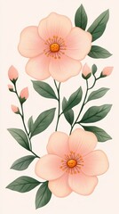 A delicate watercolor painting showcases lush pink rockrose blossoms in full bloom, accompanied by vibrant green leaves and unopened buds, creating a serene floral composition