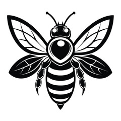 Detailed Bee with Stripes, Wings, Antennae, Black Ink Design, Isolated
