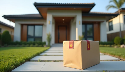 Delivery carton box package laying near house door. Background concept