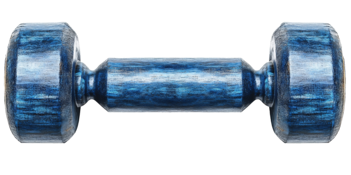 Close-up view of a unique blue wooden dumbbell, showcasing its craftsmanship and artistic appeal.