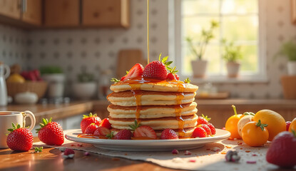 Strawberry pancakes on a white porcelain plate in kitchen, handmade American food