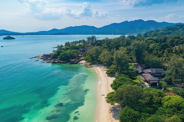 Breathtaking aerial view of Rawai beach on Phuket Island showcasing clear waters and lush greenery, Aerial view of Rawai beach Phuket island Thailand southeast Asia