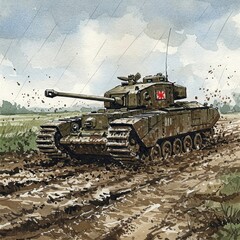 Fototapeta premium Churchill Tank Moving Slowly Through Deep Mud