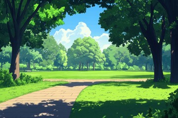 Fototapeta premium Lush green anime park with vibrant trees and a sunny sky perfect for outdoor activities, anime park background with lush green lawns, anime style, seamless ing Photo background