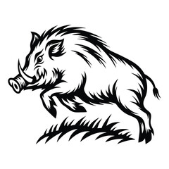 Wild Boar Leaping Silhouette, Aggressive Hog, Black and White Style