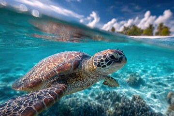 Obraz premium Sea Turtle Swims in Clear Blue Ocean Near Tropical Island