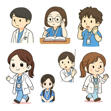 Cute Cartoon Medical Professionals in Various Activities