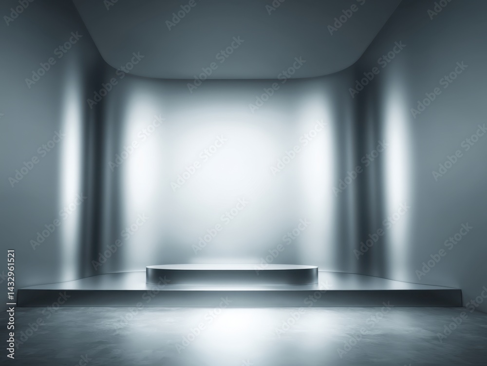 Poster minimalist studio scene with a platform for product display in a modern architectural setting with s