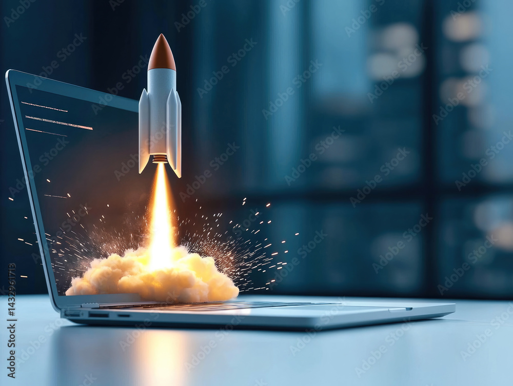 Poster rocket launching from laptop symbolizes innovation and technology. scene captures excitement of digi